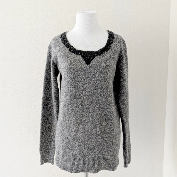 J Crew Lambswool Sweater Size Small Gray Boyfriend Black Sequin - Picture 1 of 4
